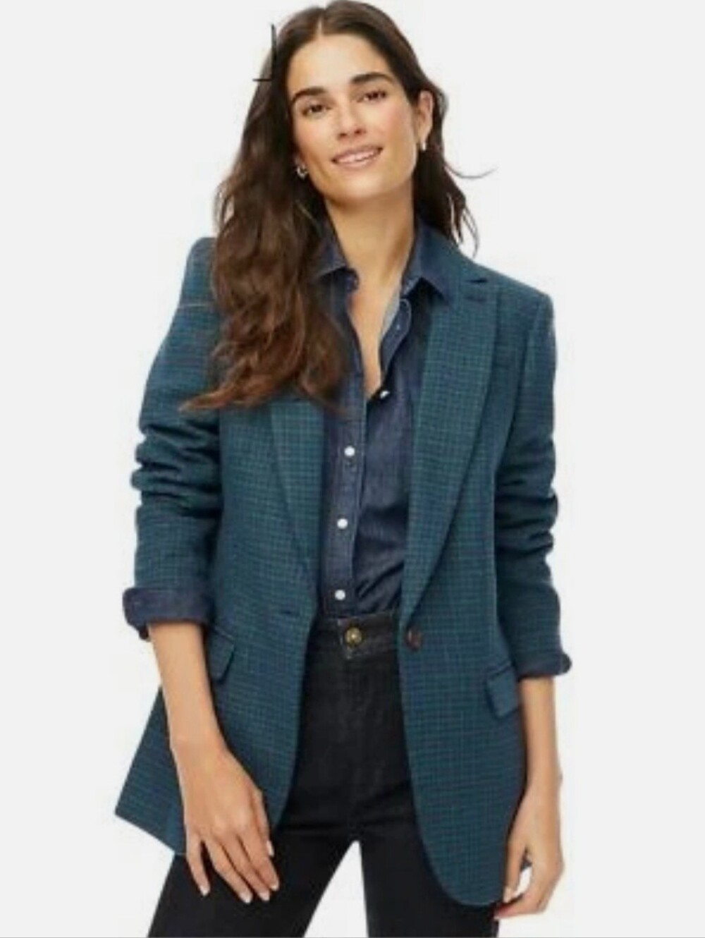 J. Crew Women's Relaxed One-Button Wool Navy Green Plaid Blazer 4 NWT
